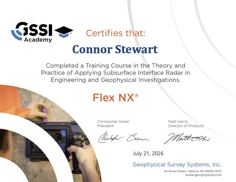 GSSI Academy certificate for Connor Stewart: training course in the theory and practice of applying subsurface interface radar, FLEX NX, dated July 21, 2026