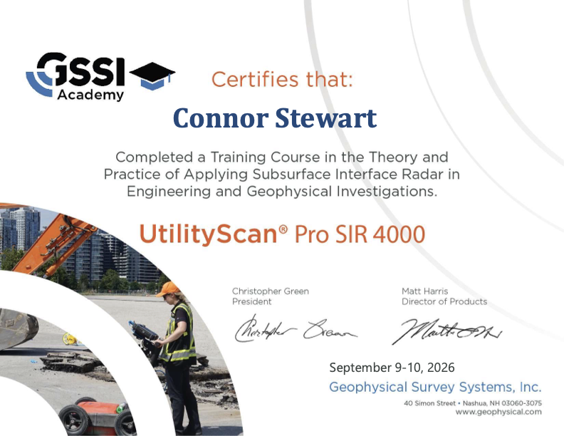 GSSI Academy certificate for Connor Stewart: training course in the theory and practice of applying subsurface interface radar, UtilityScan Pro SIR 4000, dated September 9 to 10, 2026
