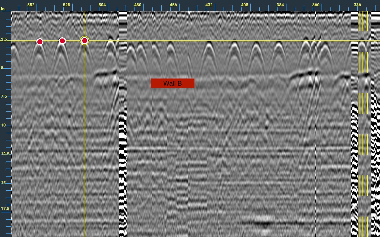 GPR radargram of wall B with evenly spaced bar reflections and marked picks near 2.5 inches